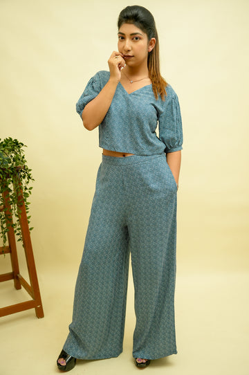 Denim Blue Triangular Line Printed Co-ord set- 52403C