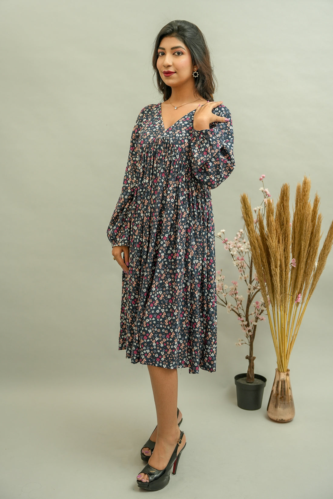 Dark Navy Blue Floral Printed Cotton Dress- 52379D