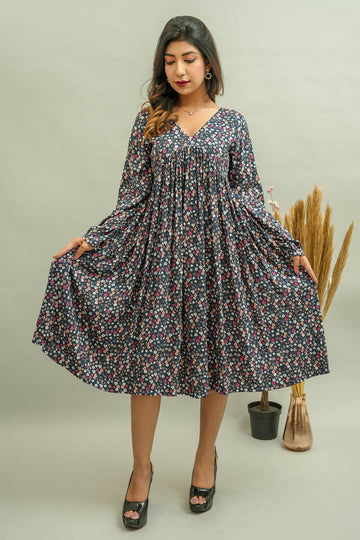 Dark Navy Blue Floral Printed Cotton Dress- 52379D