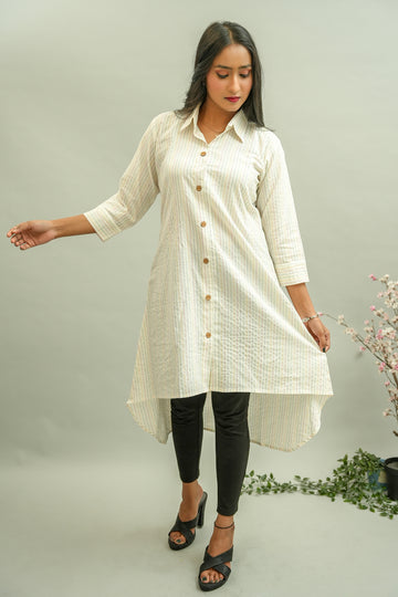 White Shirt collar Katha cotton kurta- 52327K