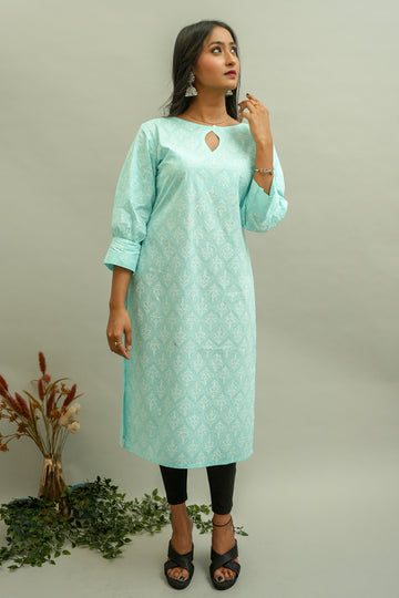 Light Blue Printed Cambric Cotton Kurta- 52337K