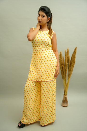 Bright Yellow Floral Printed Co-ord Set- 52396C