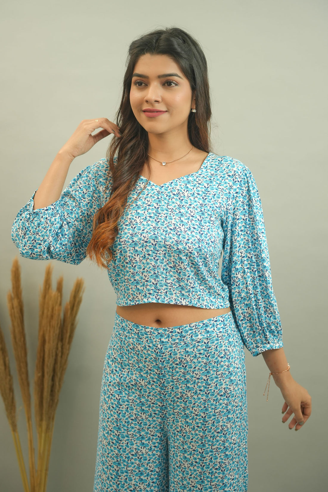Light Blue Floral Printed Co-ord set- 52402C