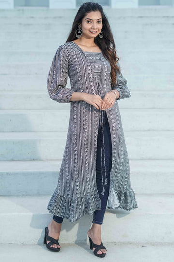 Black N White Printed Rayon Long Top -52464T