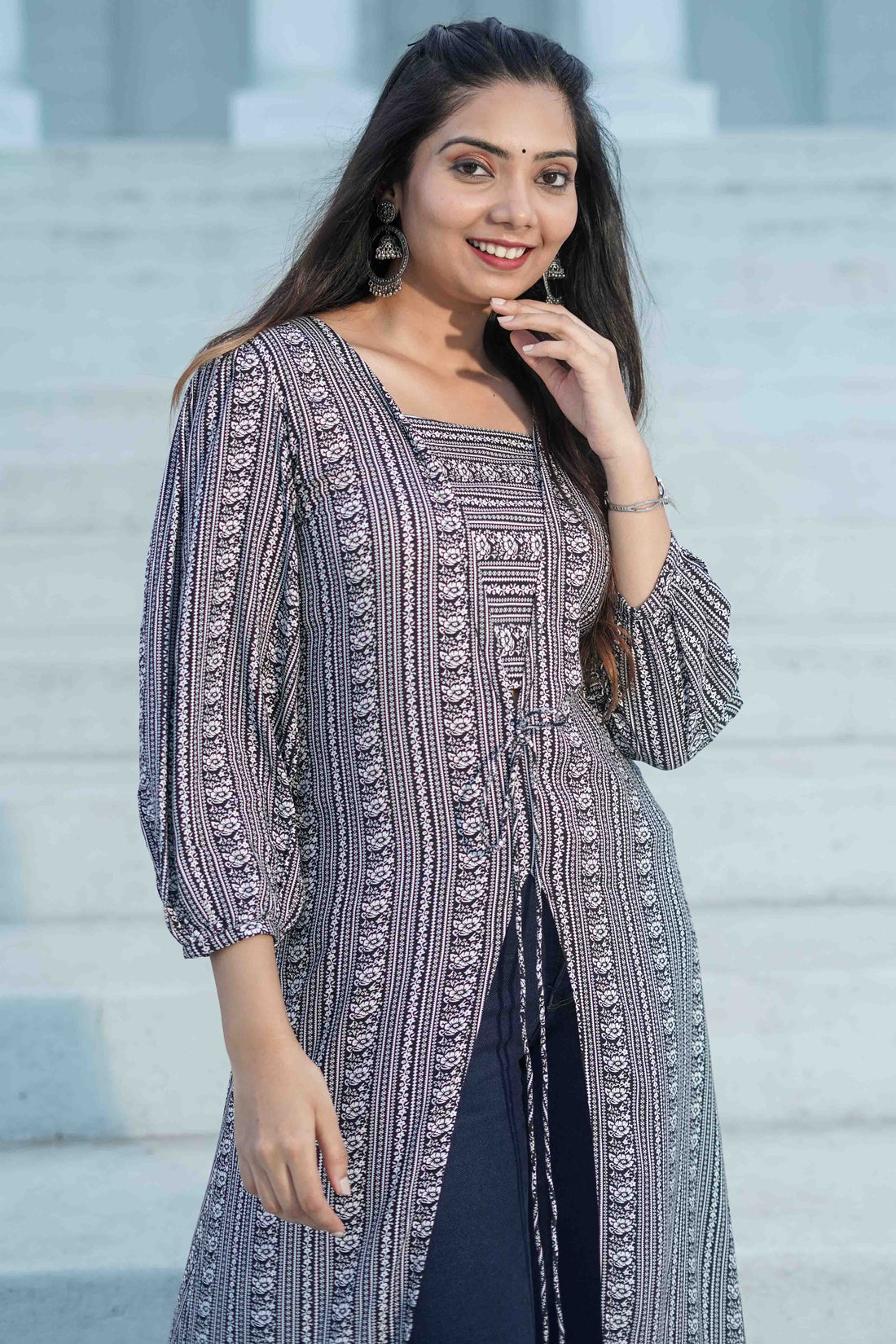 Black N White Printed Rayon Long Top -52464T