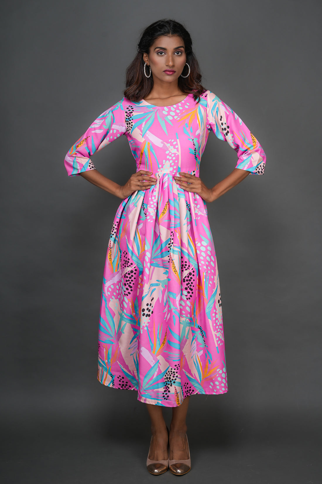 Rose Pink Abstract Print Dress - 52605D