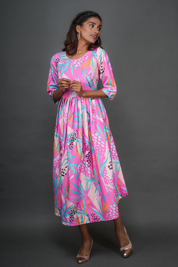 Rose Pink Abstract Print Dress - 52605D