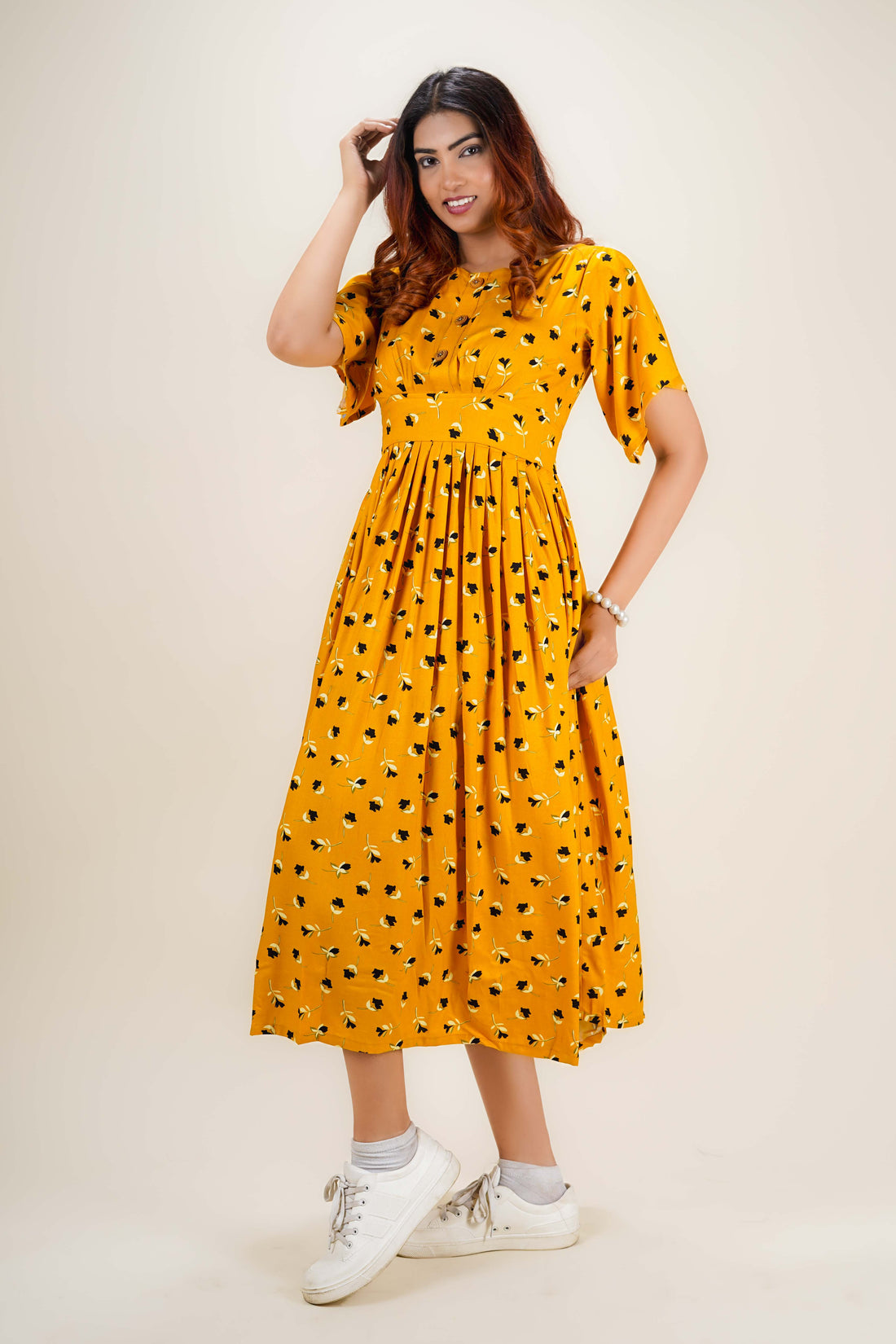 Glam Yellow Floral Print Dress- 52618D