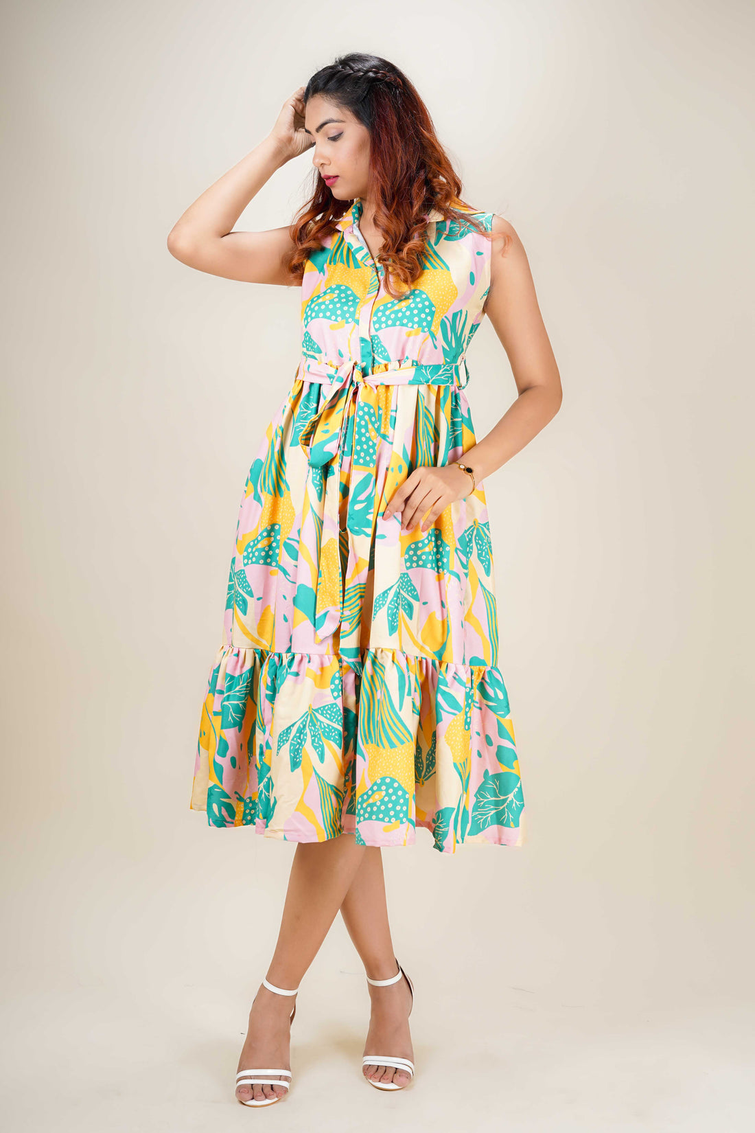 Powder Pink Abstract Overlap Collar Dress- 52632D