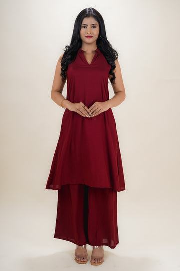 Burnt Maroon Collar Kurti Set- 52657KS