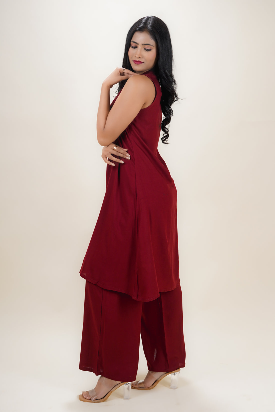 Burnt Maroon Collar Kurti Set- 52657KS