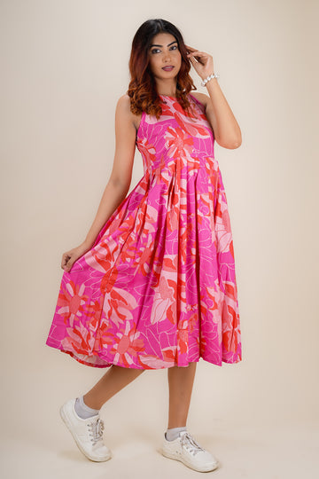 Hot Pink Floral Side-Pocket Dress- 52616D