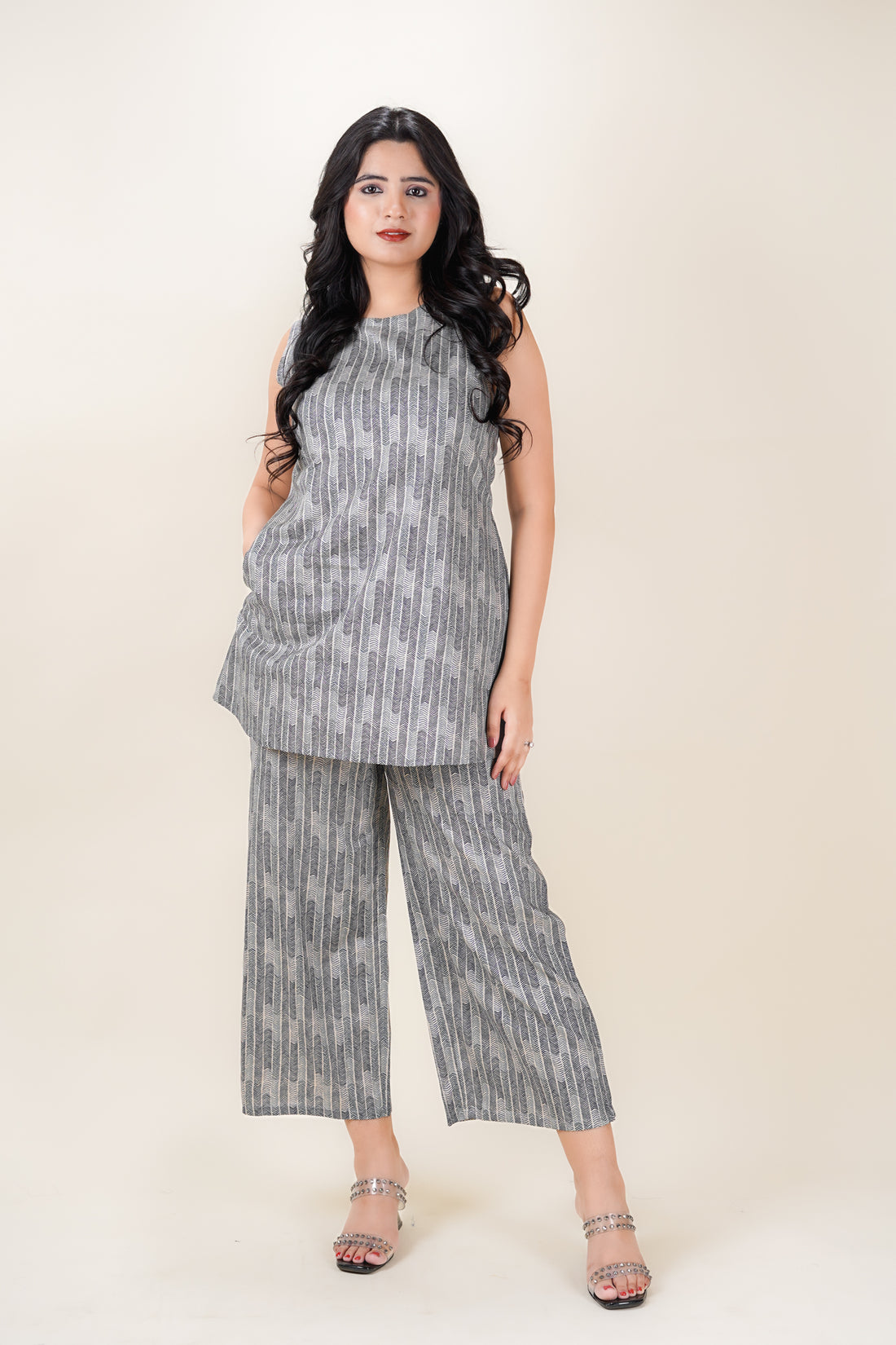 Monument Gray Stripy Boat Neck Cord-set- 52631C