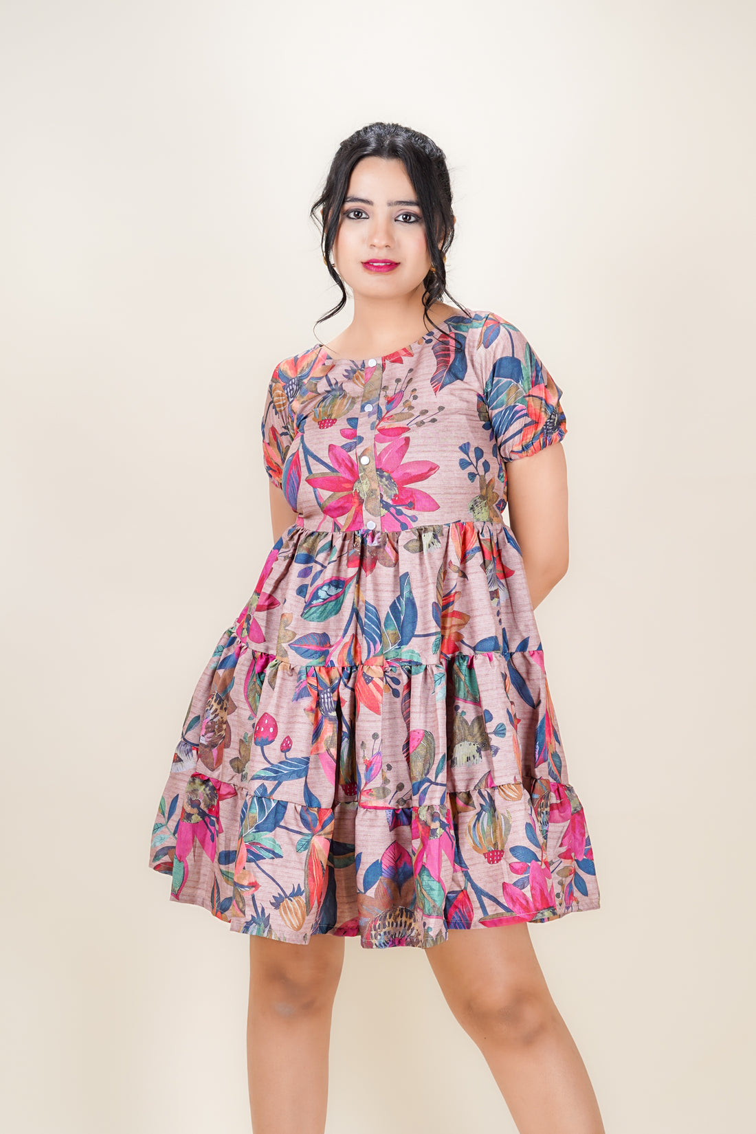 Pearl Khaki Floral Tiered Dress- 52635D