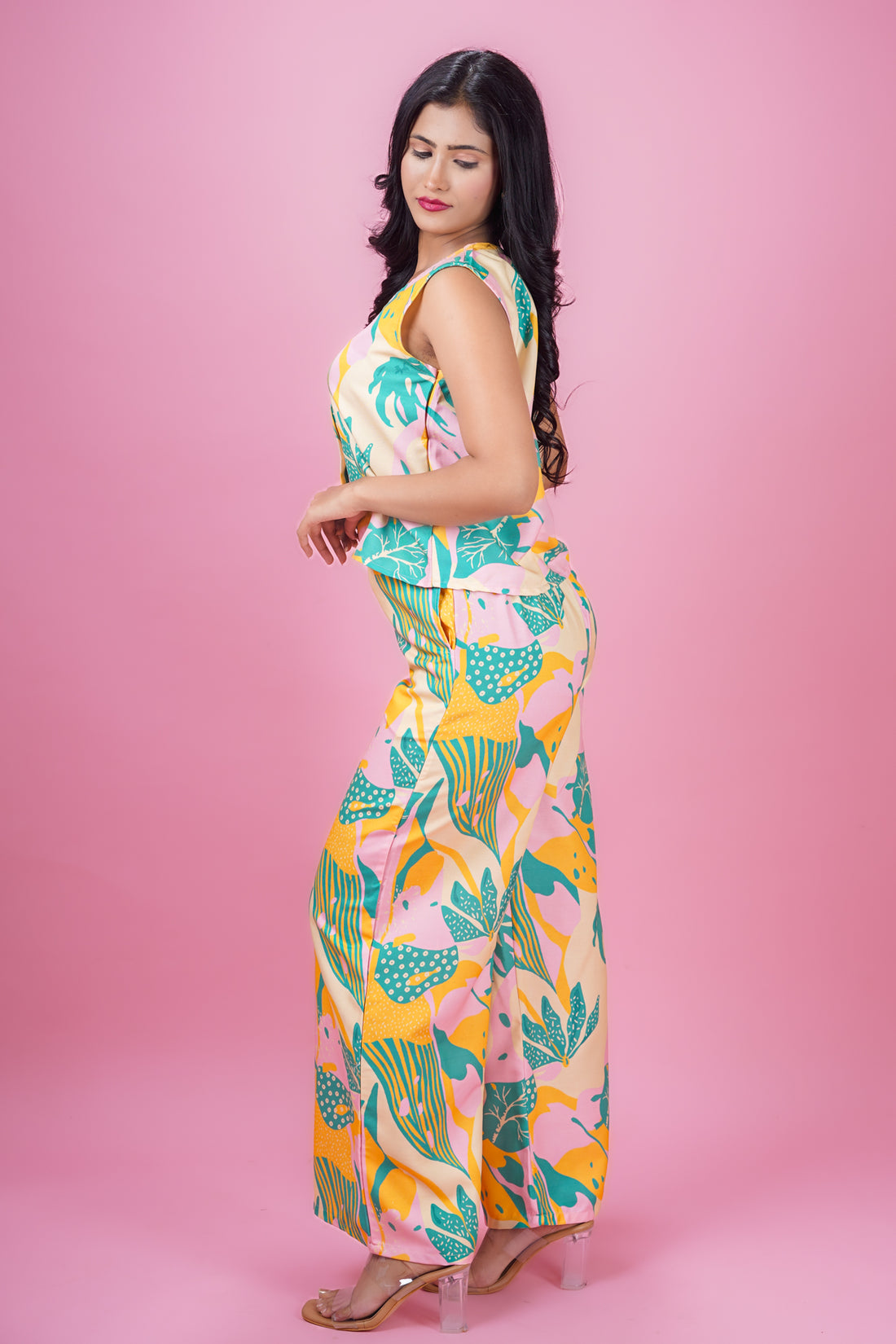 Powder Pink Abstract Print Top & Palazzo Set- 52633C