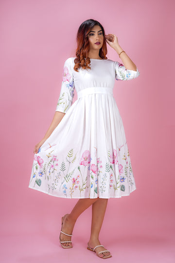 Snow White Floral Placement Print Dress- 52663D