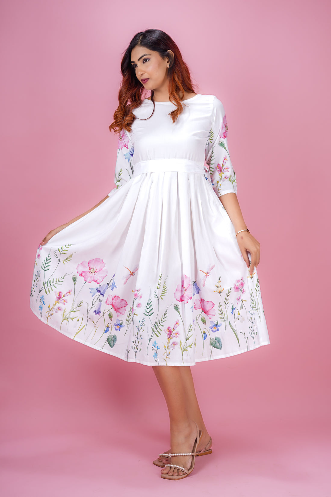 Snow White Floral Placement Print Dress- 52663D