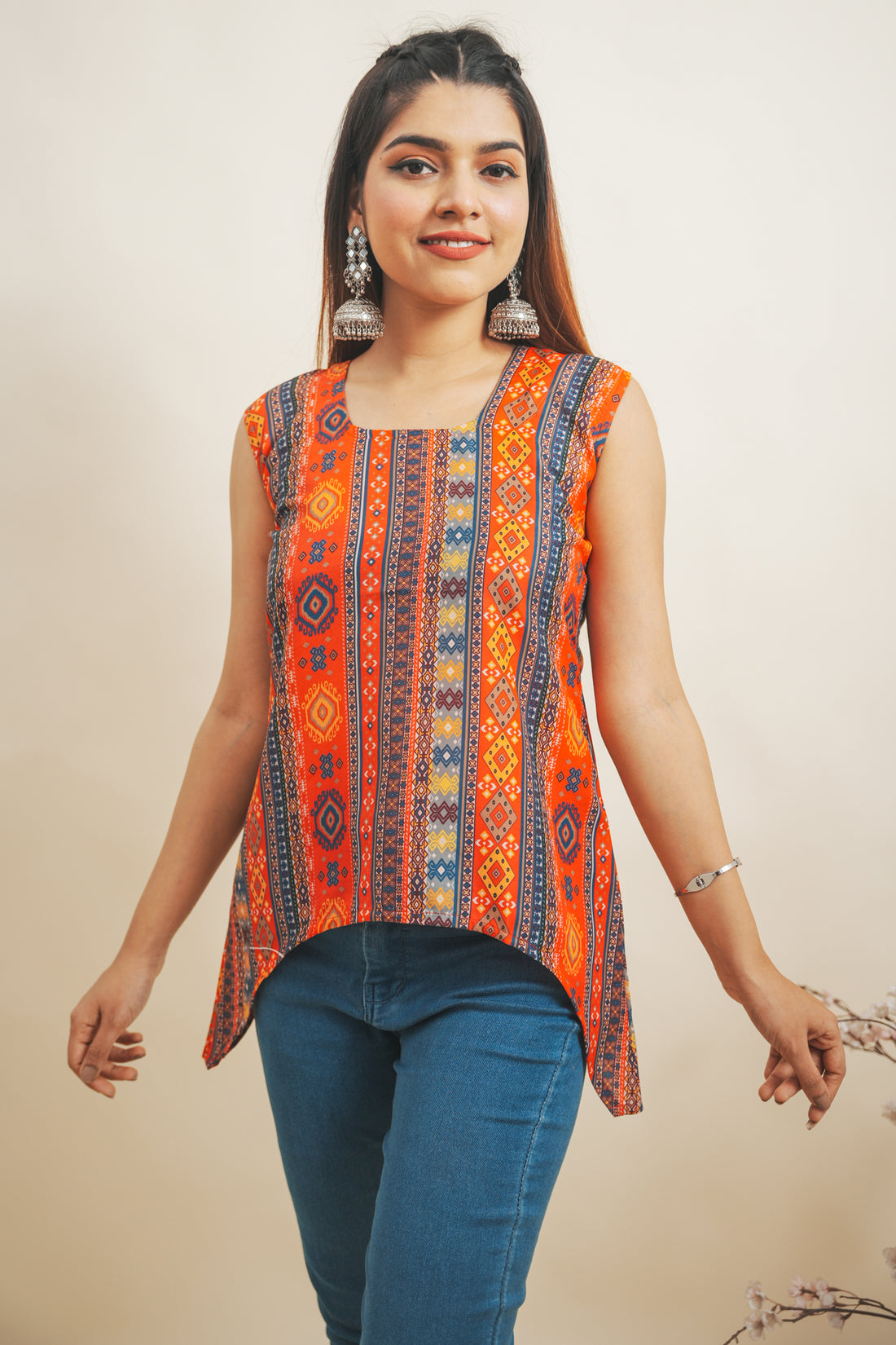Red Multi-Coloured Printed Asymmetric Cotton Top- 52312T