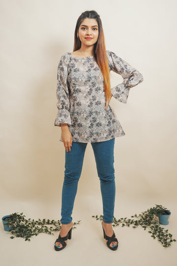 Tea Grey Floral Printed Top -52428T