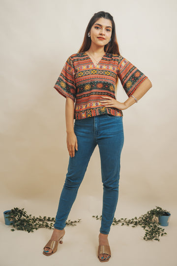 Bottle Green Multi Colour Printed Top- 52313T