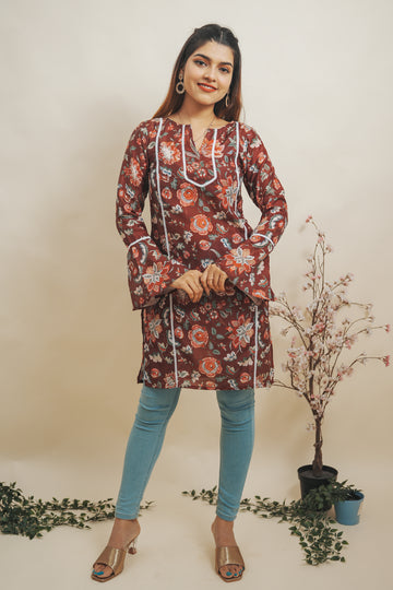 Brown Floral Printed Silk Top -52443T