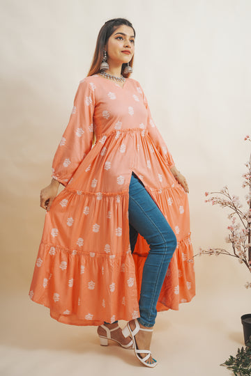 Coral Pastel Coloured Motif Printed Long Top -52465T