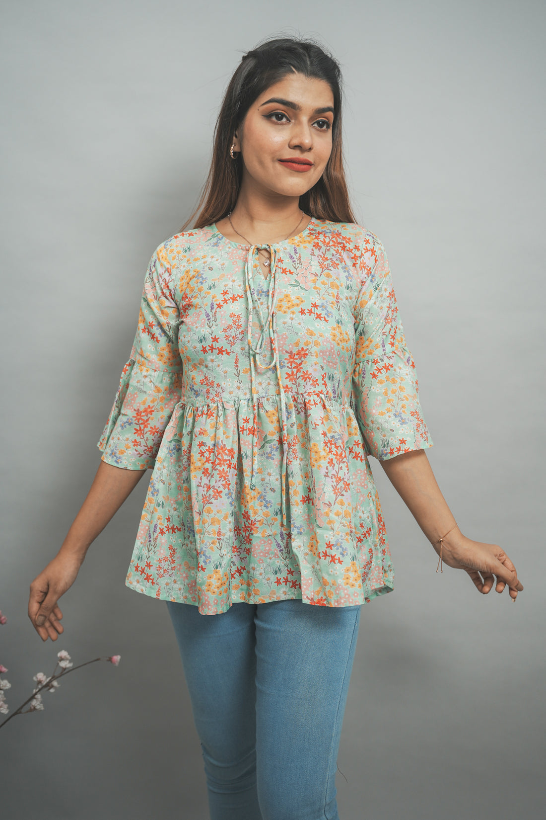 Light Green Multi-coloured Floral Printed Muslin Top -52424T