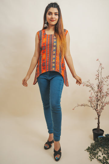 Red Multi-Coloured Printed Asymmetric Cotton Top- 52312T