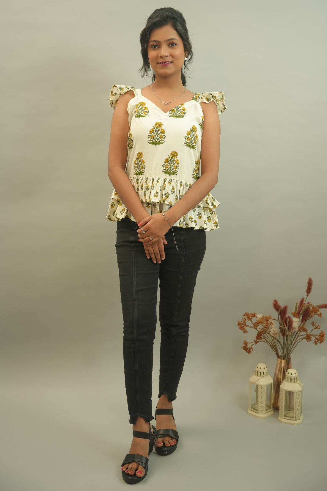 Off-White Floral Printed Cotton Top- 52383T