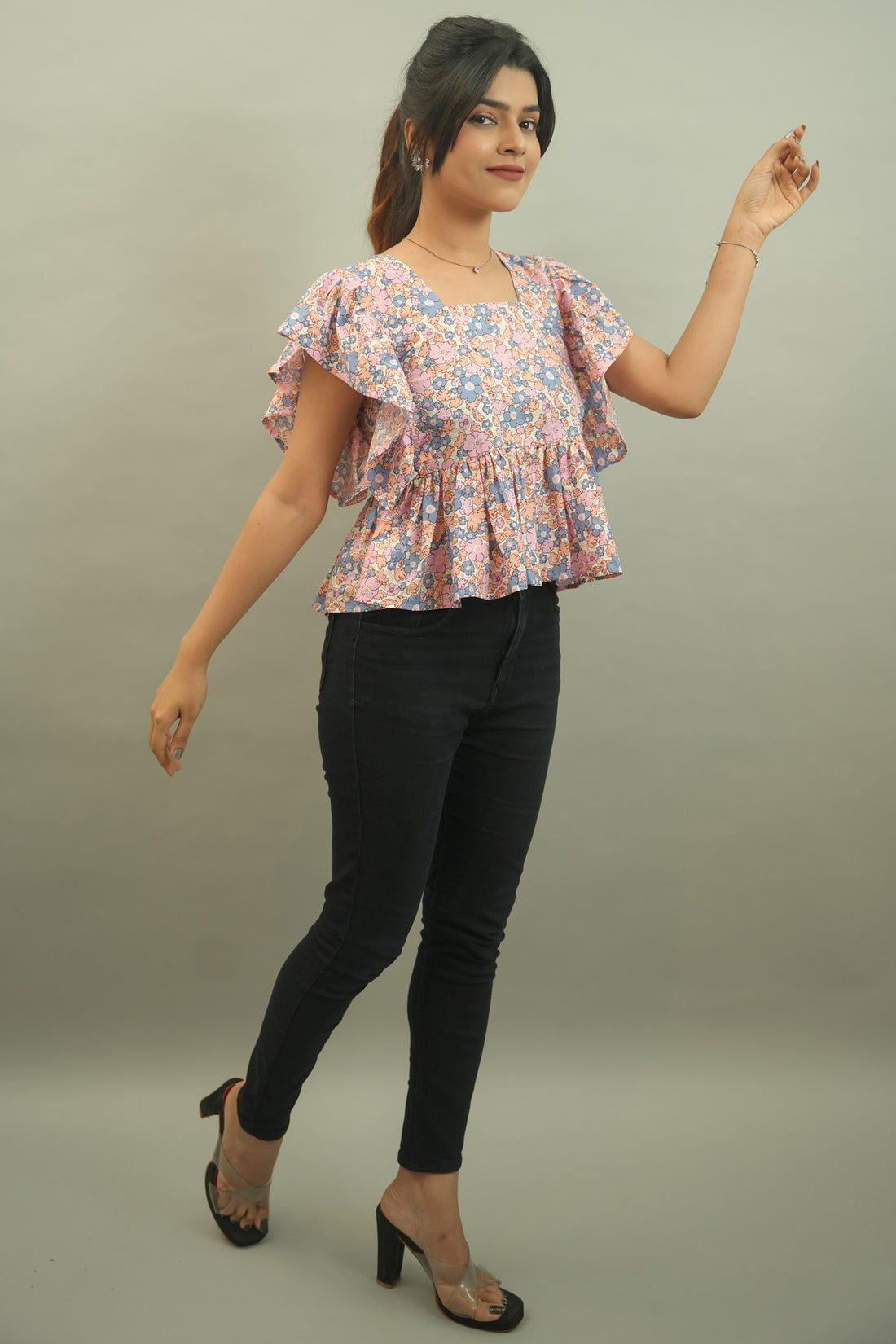 Pink Blue Floral Printed Top- 52400T