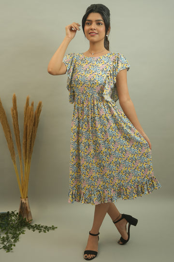 White Multi-coloured Floral Printed Cotton Dress- 52380D