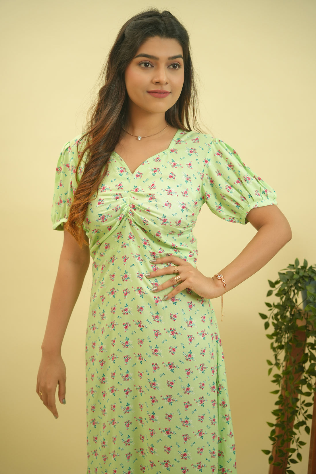 Light Green Floral Printed Cotton Dress -52378D