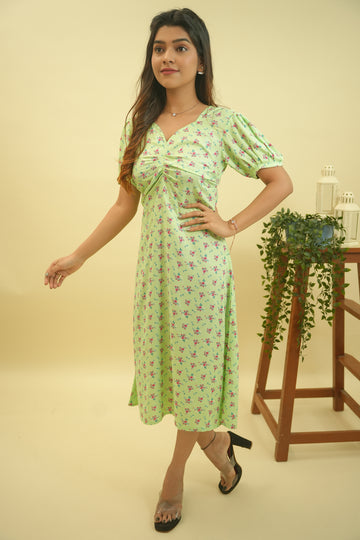 Light Green Floral Printed Cotton Dress -52378D