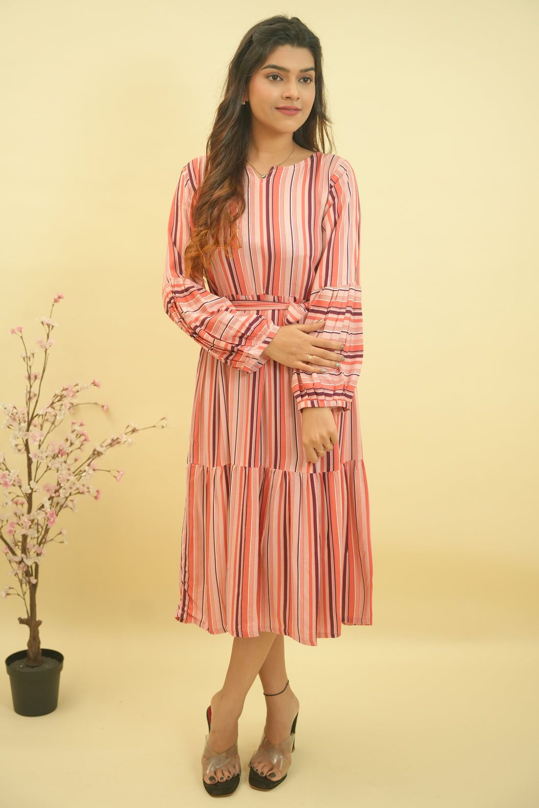 Peach Strip Printed Dress- 52394D