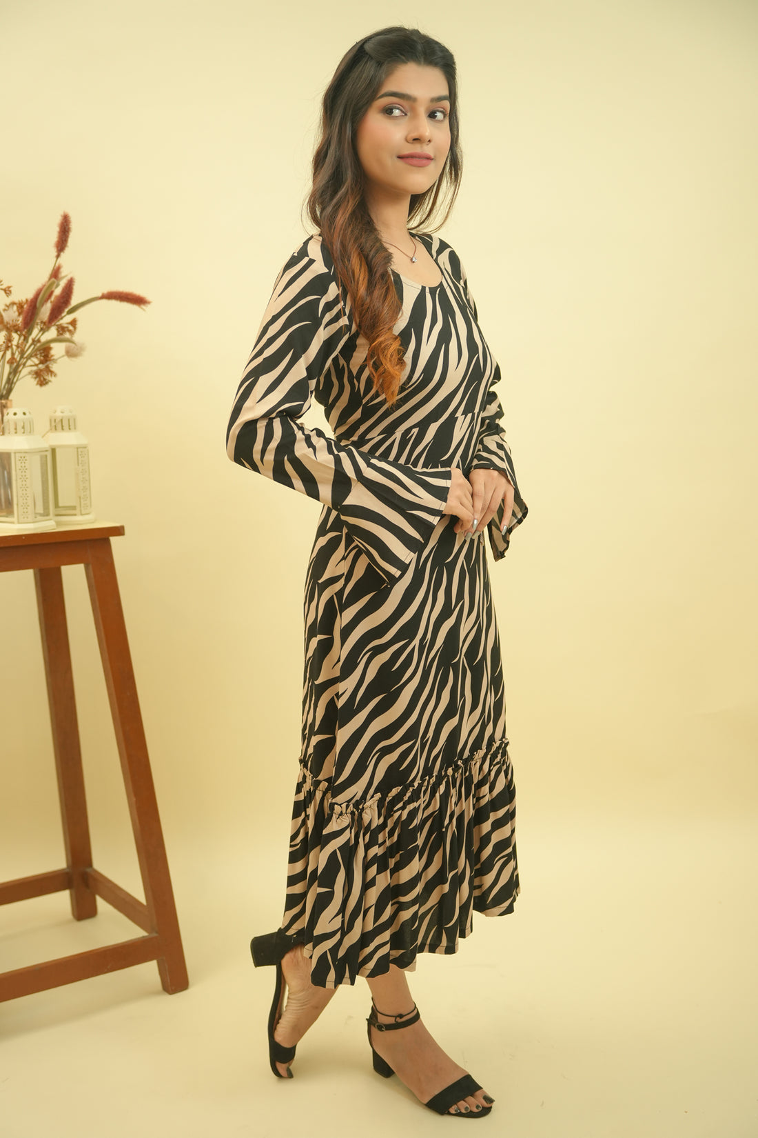 Black Beige Animal Printed Cotton Dress - 52385D