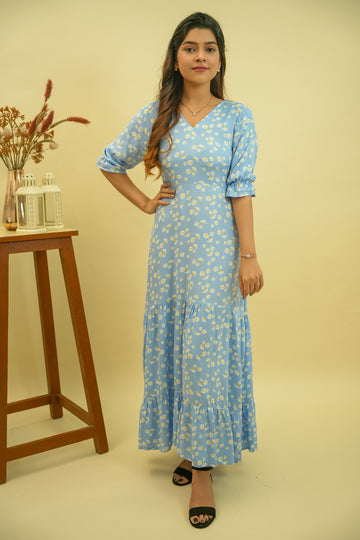 Sky Blue Daisy Printed Cotton Dress - 52386D