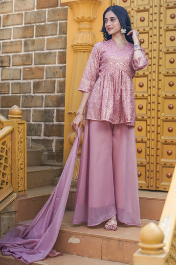 Quartz Pink Embroidered Paplum & Palazzo- 52470A