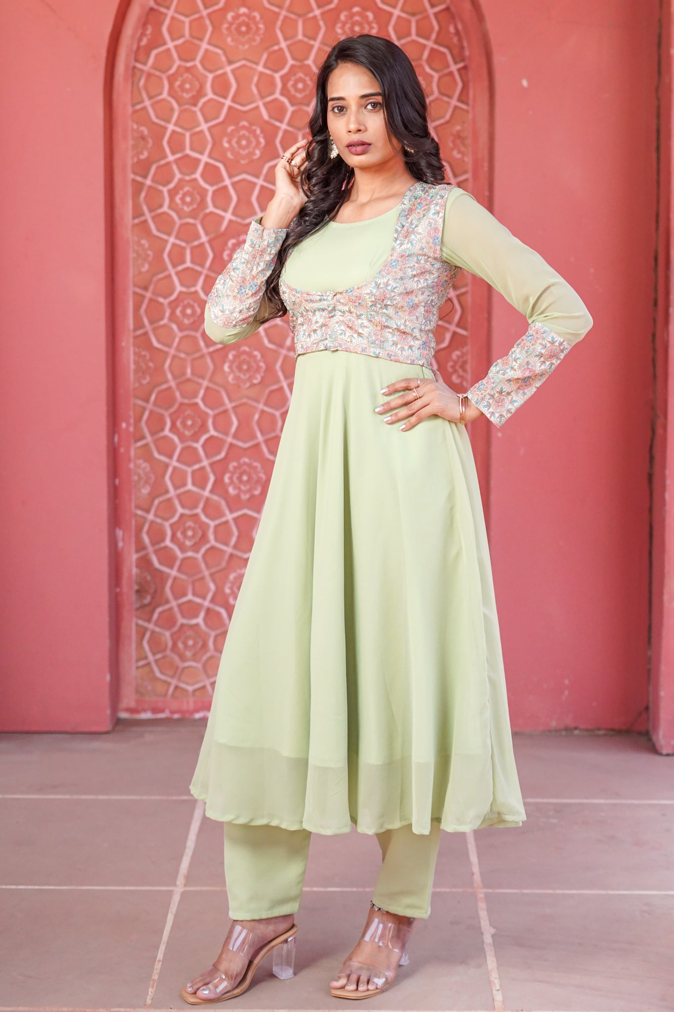 Pista Green Anarkali With Wide Neck Short Jacket 52468A