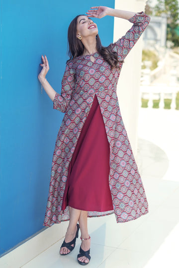 Geometrical Printed Maroon Dress - 52496D
