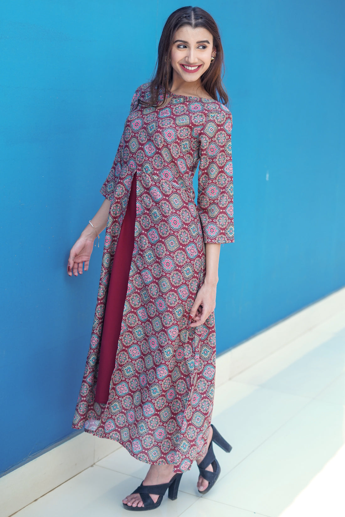 Geometrical Printed Maroon Dress - 52496D