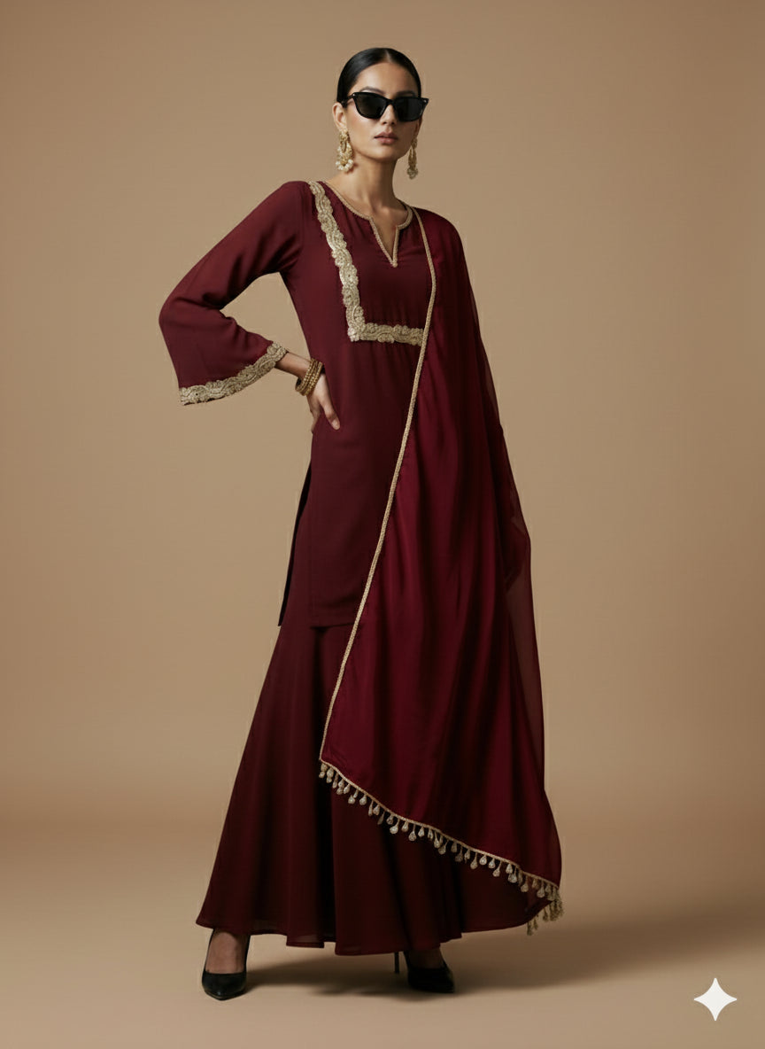 Maroon Elegance Georgette Kurti Palazzo Set - 52723KS