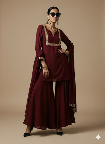 Maroon Elegance Georgette Kurti Palazzo Set - 52723KS