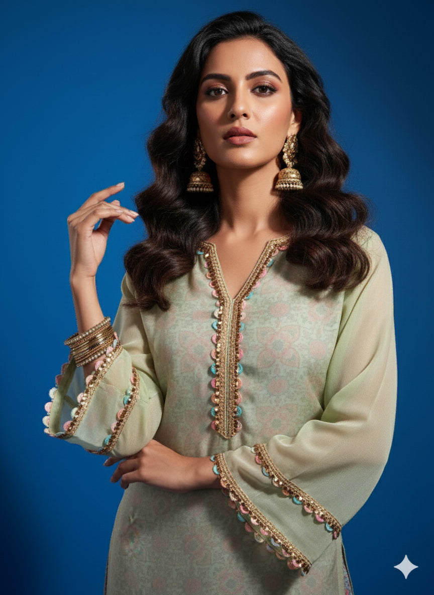 Pista Green Geometric Print Kurti Set - 52712KS