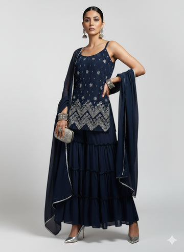 Teal Charm Motif Kurti Palazzo Set - 52731KS