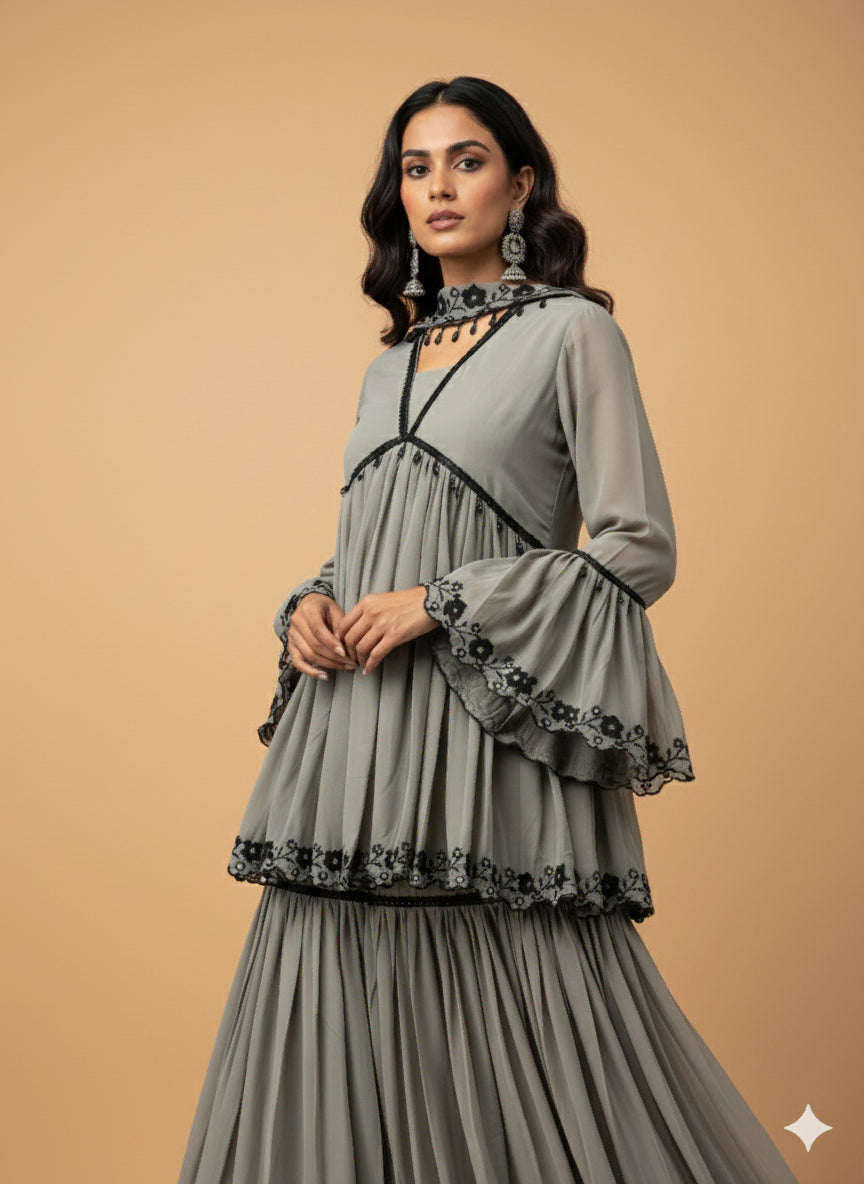 Elegant Gray Peplum Gharara Set - 52702KS