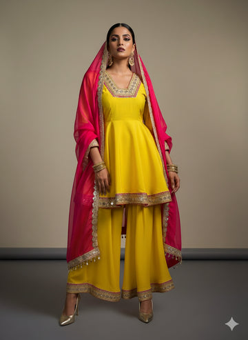 Yellow Floral Strip Peplum Set - 52734KS