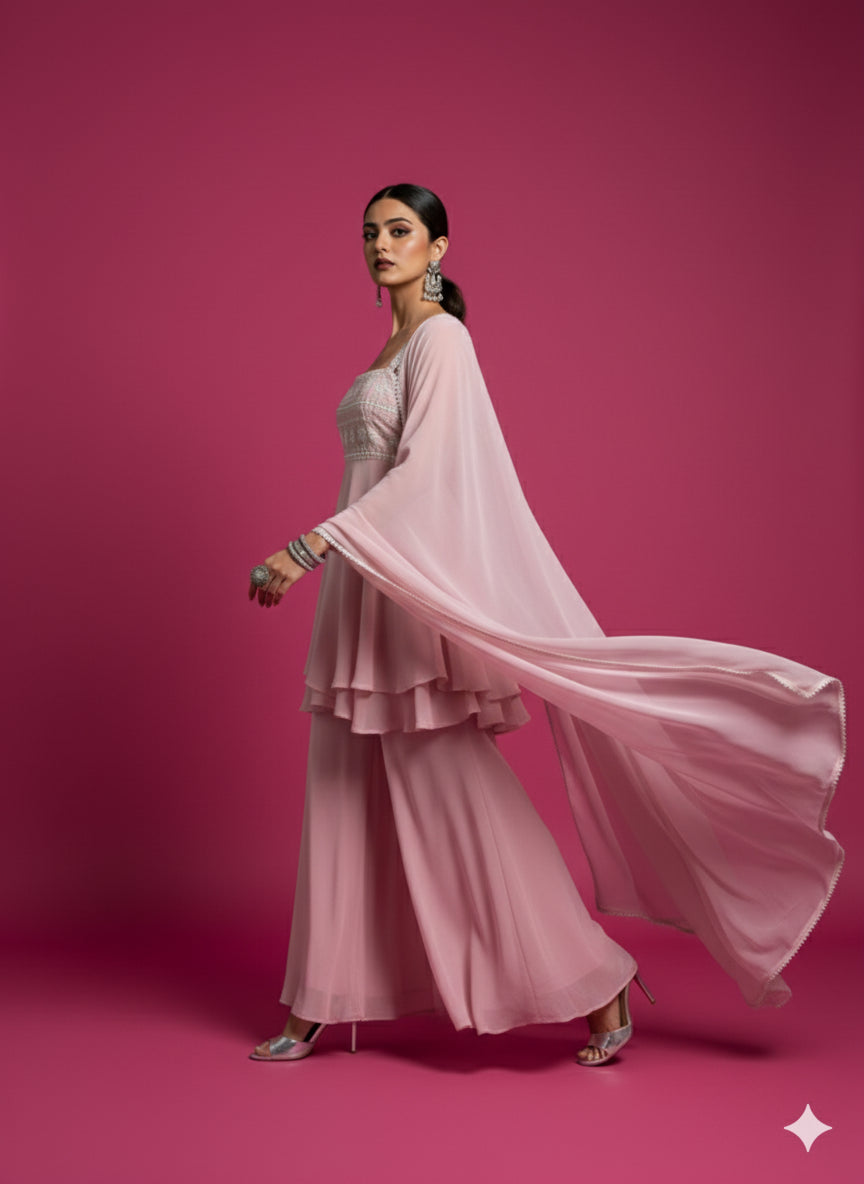 Baby Pink Floral Strip Peplum Gharara Set - 52706KS