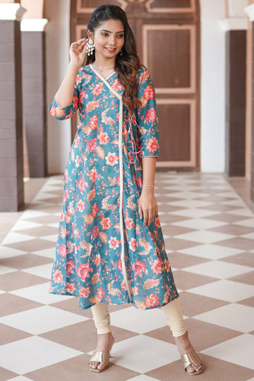 Green Floral Printed Silk Kurta - 52448K