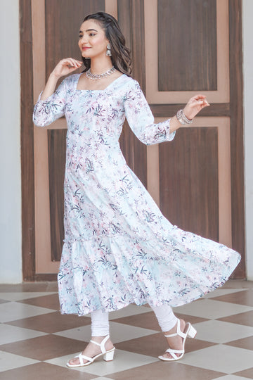 Aqua Green Glass Coloured Floral Printed Kurta - 52445K