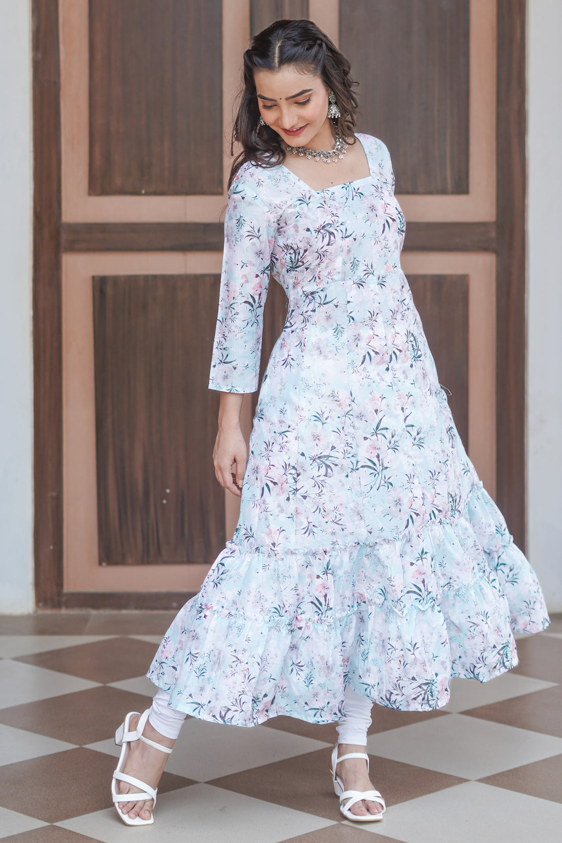 Aqua Green Glass Coloured Floral Printed Kurta - 52445K